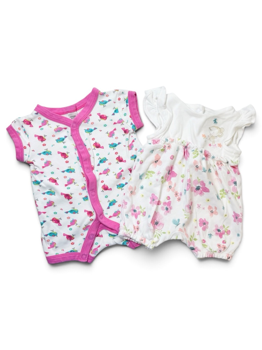 Watercolor Pink Floral Flutter Bubble & Asymmetric Bird Romper Lot 2-Piece NB
